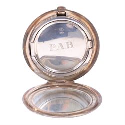 Mid 20th century silver powder compact, of circular form with engine turned decoration and engraved initials to interior, hallmarked, together with a pair of silver cufflinks, gold on silver cufflinks and tie clip, 15ct gold stick pin set with rose cut diamond, mirror D6.5cm