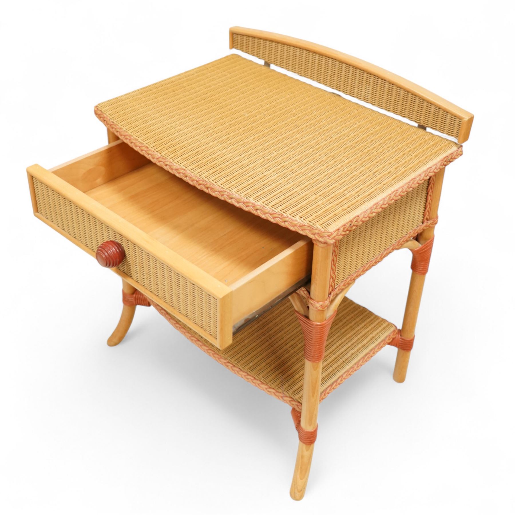 Lloyd Loom of Spalding - pair of mid 20th century bedside cabinets, each with raised gallery back, single drawer and undertier, woven paper weave construction on tubular supports