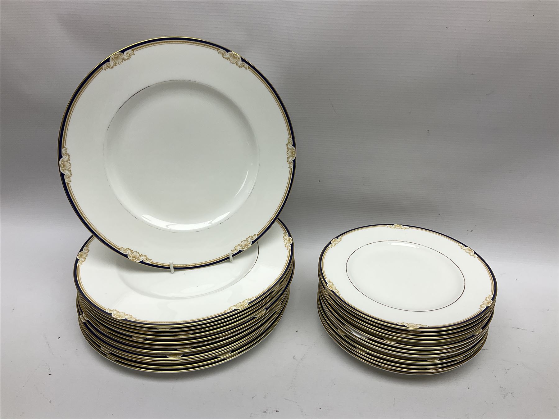 Wedgwood Cavendish pattern dinner service for twelve, comprising dinner plates, side plates, bowls, soup bowls, two tureens, saucer boat and sauce, together with matching part coffee service (82) 