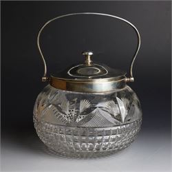 1920s silver mounted cut glass biscuit barrel, the ovoid glass body with square and hobnail cut decoration, with silver lid, collar and swing handle, hallmarked Cooper Brothers & Sons Ltd, Sheffield 1925, H15cm