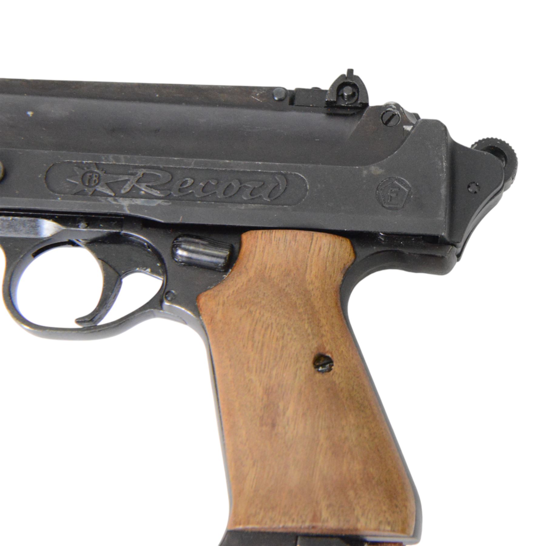FB Record Jumbo .177 air pistol with shaped wooden grips and adjustable sights, L18cm
