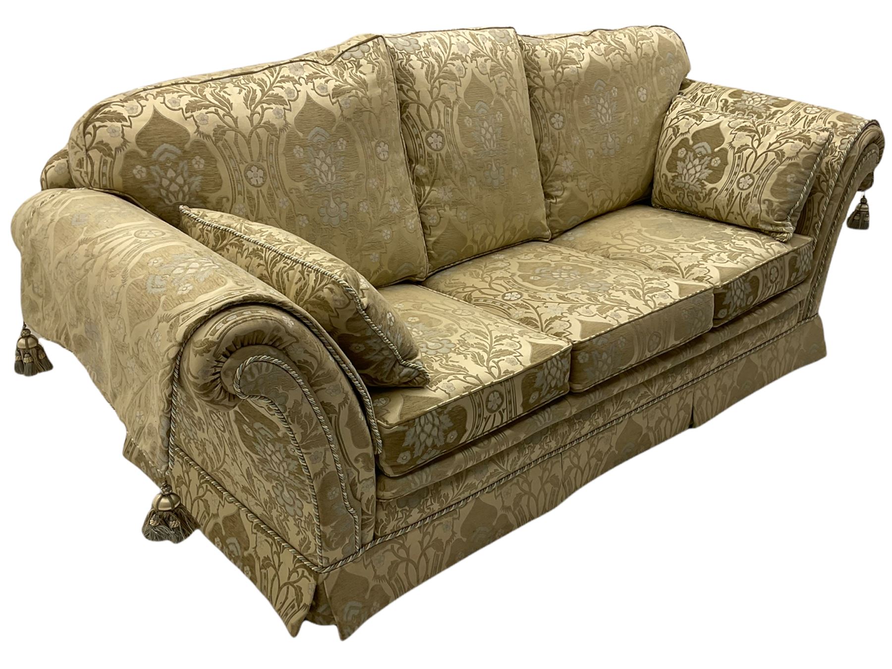 Steed Kedleston three seat sofa, and matching wing back armchair, upholstered in pale gold fabric