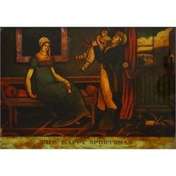 Pair of 19th century coloured reverse glass prints, The Affectionate Wife and The Happy Sportsman, H36cm, L46cm
