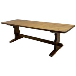 Gnomeman - large oak refectory dining table, rectangular adzed top on shaped end supports with sledge feet, united by pegged stretcher, carved with gnome signature, by Thomas Whittaker, Little Beck