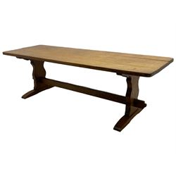  Gnomeman - large oak refectory dining table, rectangular adzed top on shaped end supports with sledge feet, united by pegged stretcher, carved with gnome signature, by Thomas Whittaker, Little Beck