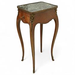Early 20th century French kingwood and ormolu mounted lamp table, the shaped top inset with green marble above a single locking frieze drawer and pull-out slide, raised on slender cabriole legs with gilt sabots