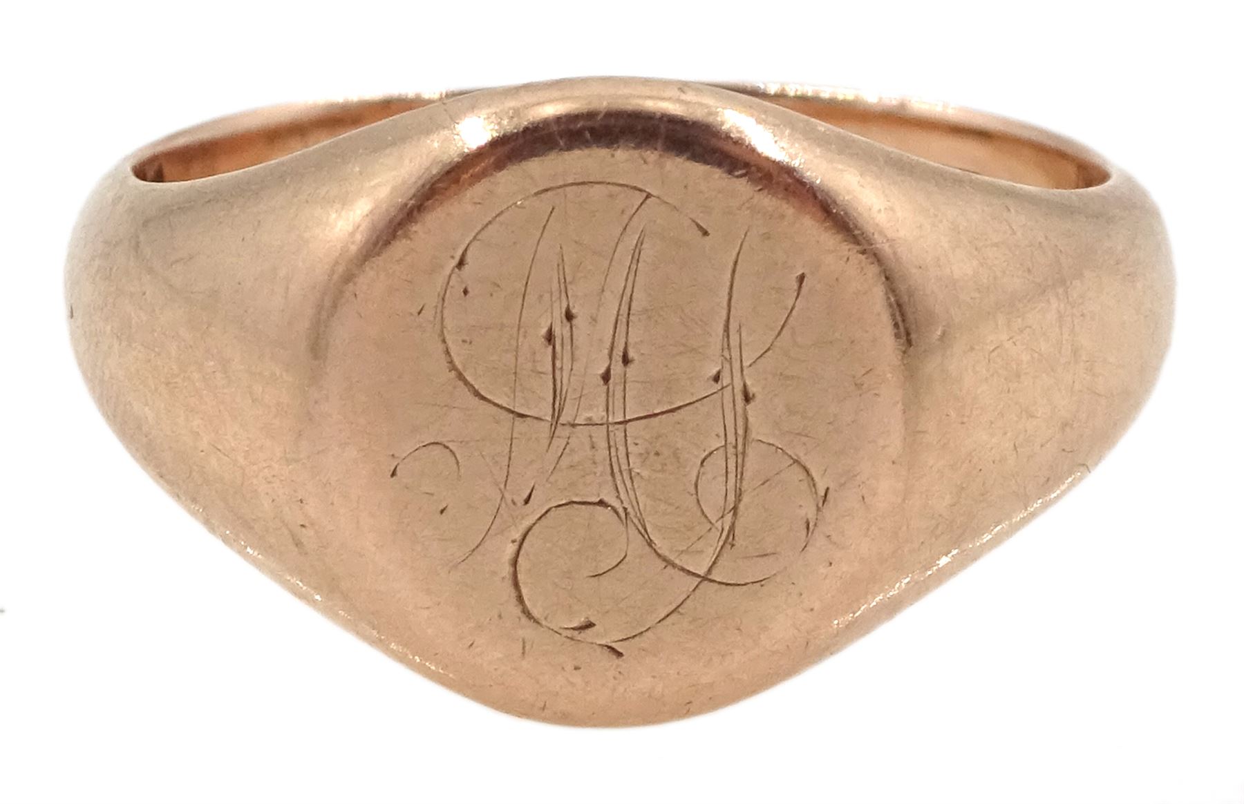 9ct rose gold signet ring engraved with monogrammed initials by Henry Griffiths & Sons, hallmarked 