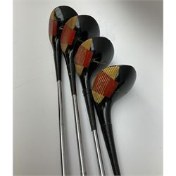Golf - three early 20th century hickory shafted irons marked R. Simpson, Harrods Ltd etc; child's wooden shafted putter; two transitional wood grain steel shafted irons, one marked Tom Morris; and set of four Macgregor Tommy Armour woods (10)