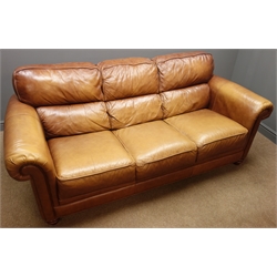  Traditional shaped three seat sofa upholstered in tan leather, W210cm  