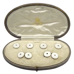 Art Deco gentleman's enamel and diamond dress set, comprising of a pair of cufflinks and four shirt buttons, retailed by Asprey, in fitted case
