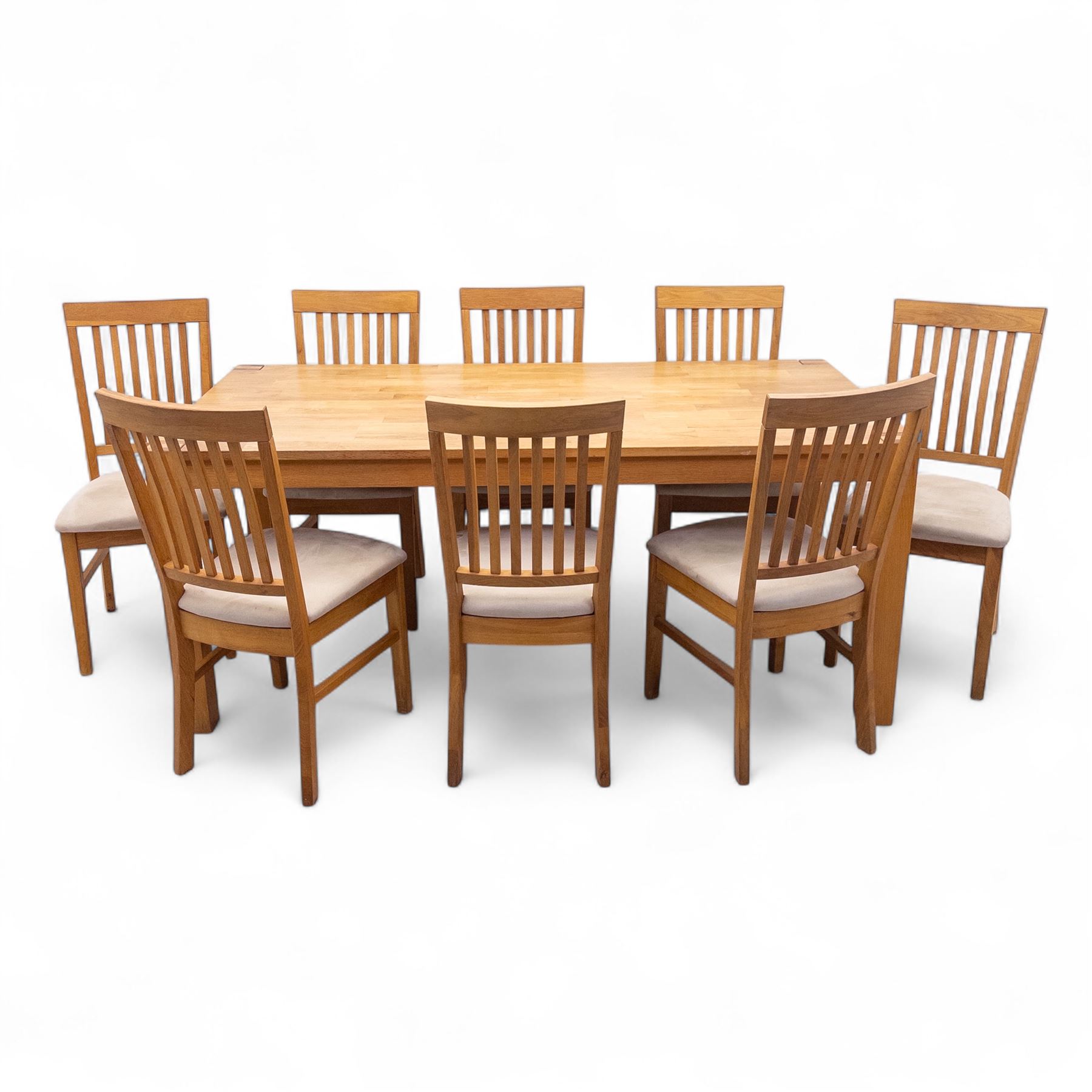 Contemporary solid oak rectangular dining table, with two additional extension leaves, together with eight matching high back dining chairs upholstered in cream suede-effect fabric (9) (Chair H 95cm, W 41cm, D 53cm) (Extends to 270cm)