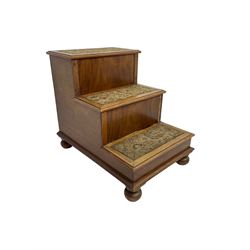 19th century mahogany step commode, pull-out action to reveal commode, the top with hinged lid, on turned feet