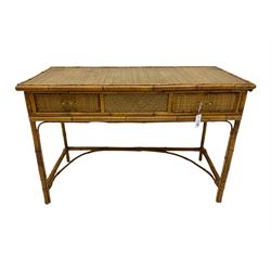 Mid to late 20th century bamboo and cane dressing table, fitted with two drawers, together with a matching low back stool 