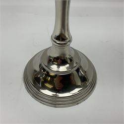 Pair of four branch candelabras, urn-shaped nozzles raised upon scroll branches supported from tapering central stem, with a stepped circular base, H40cm