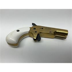 SECTION 1 FIRE-ARMS CERTIFICATE REQUIRED - Spanish Ardesa percussion vest pocket Derringer pistol, .31 cal. black powder; single shot; 6cm barrel; all brass body with white grips; no.14-13-013682-10 with Spanish certificate dated 2010 and box of one hundred balls