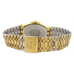 Omega gentleman's gold-plated and stainless steel quartz wristwatch, 196 0235, champagne dial with baton hour markers and date aperture, on original Omega gold-plated bracelet, with fold-over clasp
