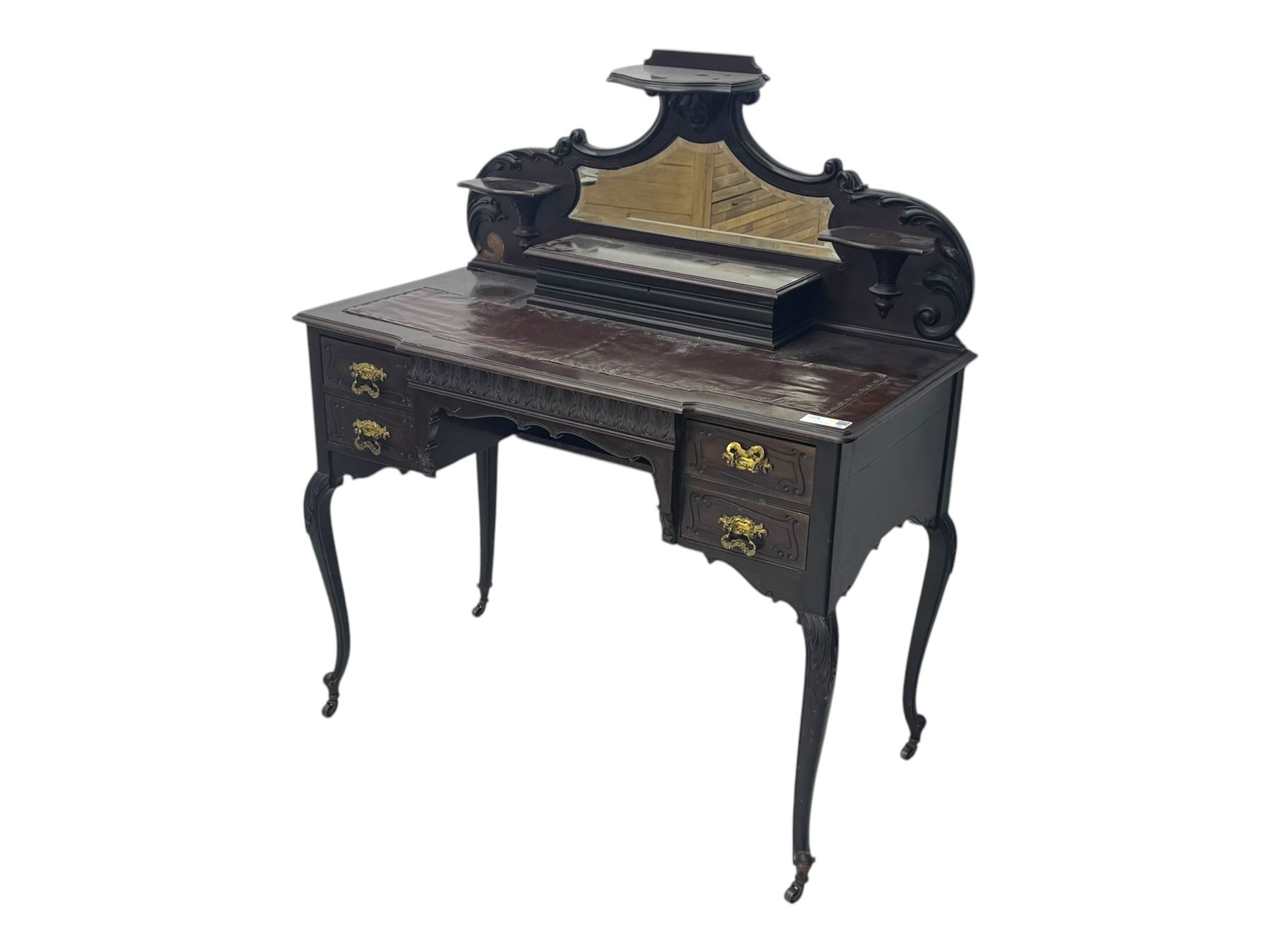 19th century French mahogany kneehole dressing table, raised mirrored gallery back with three small shelves and central hinged compartment, inset leather surface, two short drawers to each side, raised on slender cabriole supports with acanthus carved knees