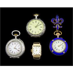 Three silver ladies cylinder fob watches, one with blue enamel case and gilt bow top, another with niello decoration and a Regency 9ct gold wristwatch