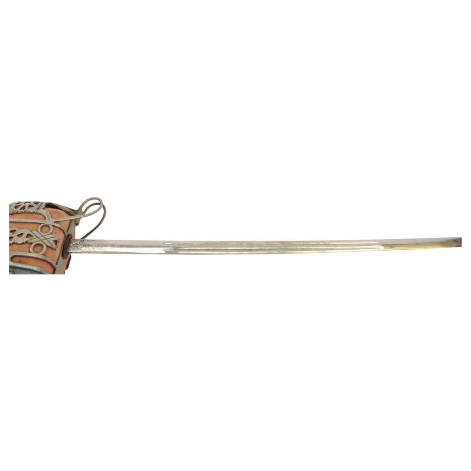 Reproduction Scottish basket infantry sword, 1828 pattern, the L79cm blade, etched with thistles and scroll work, dome pommel with a ball finial, basket hilt with heart piercing, with a steel scabbard, overall L98cm
