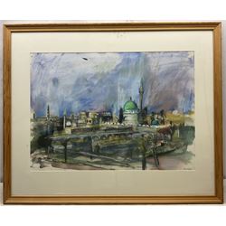 David James Carr (Northern British 1944-2009): Continental Bridge and Temple, watercolour and oil pastel on paper signed 54cm x 75.5cm 