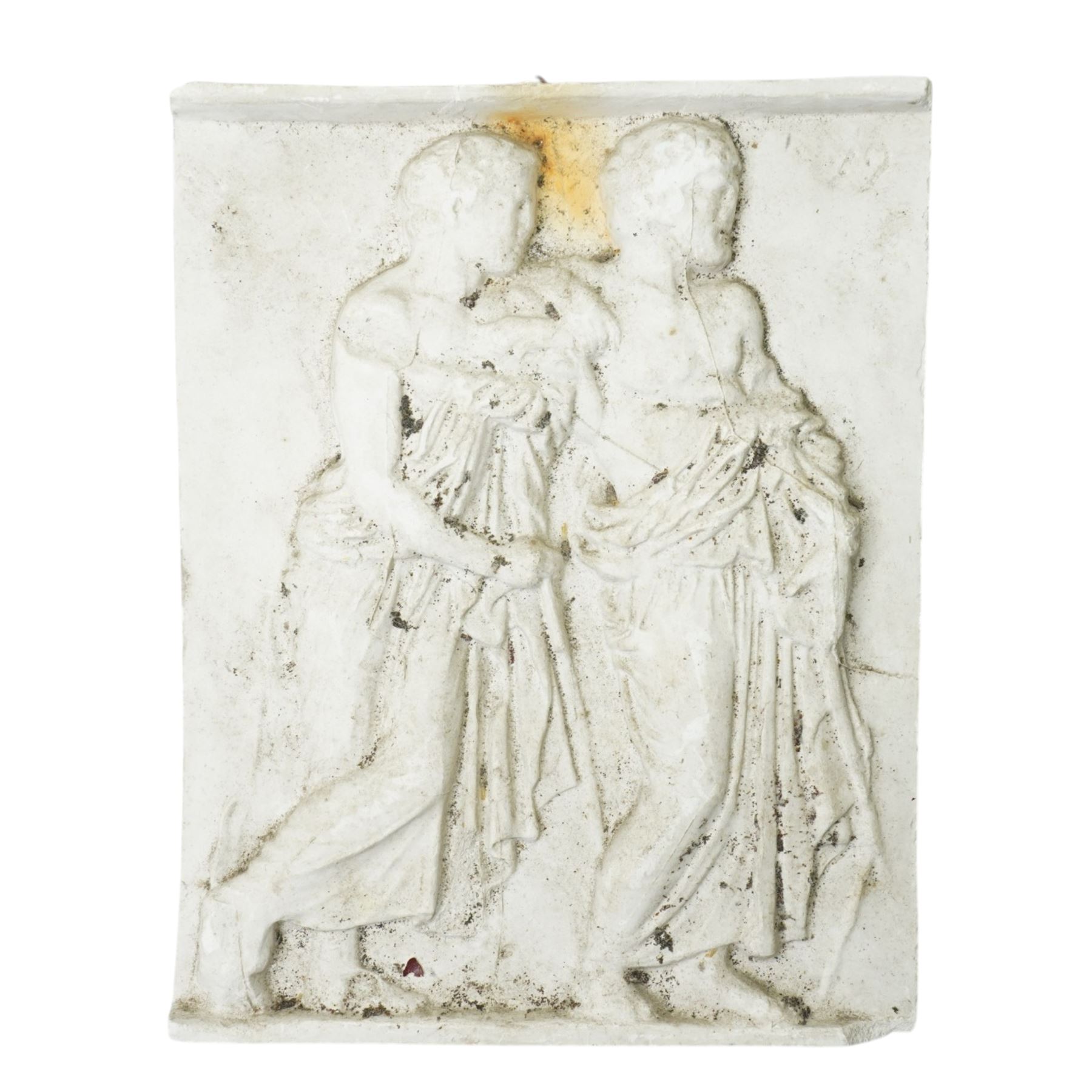 After the Antique - Three relief moulded plaster panels with figures, flowers etc., largest 20cm x 52cm and two ceiling bosses larger 33cm 