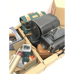 Large quantity of camera equipment - Celfix cine screen, metal tripod stand, eumig automatic cine projector, Bell & Howell 613 16mm silent projector, Aldis 303 projector, various lens filters, LUNA SCOPE 25x40, print washer, filing drawer with quantity of photo slides, etc...