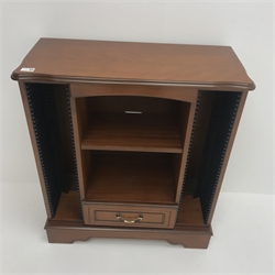 Cherry wood CD cabinet, single shelf and drawer, shaped plinth base, W73cm, H82cm, D32cm