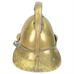British fire brigade Merryweather pattern brass helmet, with a leather inner, and chain chin strap, H26cm