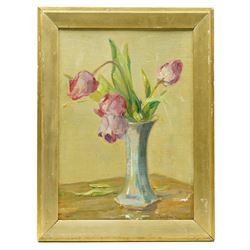 Owen Bowen (Staithes Group 1873-1967): Still Life of Tulips in a Vase, oil on board signed 35cm x 25