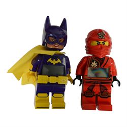Collection of Lego minifigure alarm clocks and torches, including Batman, Superman, Storm Trooper, etc