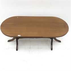 Regency style mahogany coffee table, two turned supports joined by single stretcher on shaped feet, W114cm, H47cm, D50cm