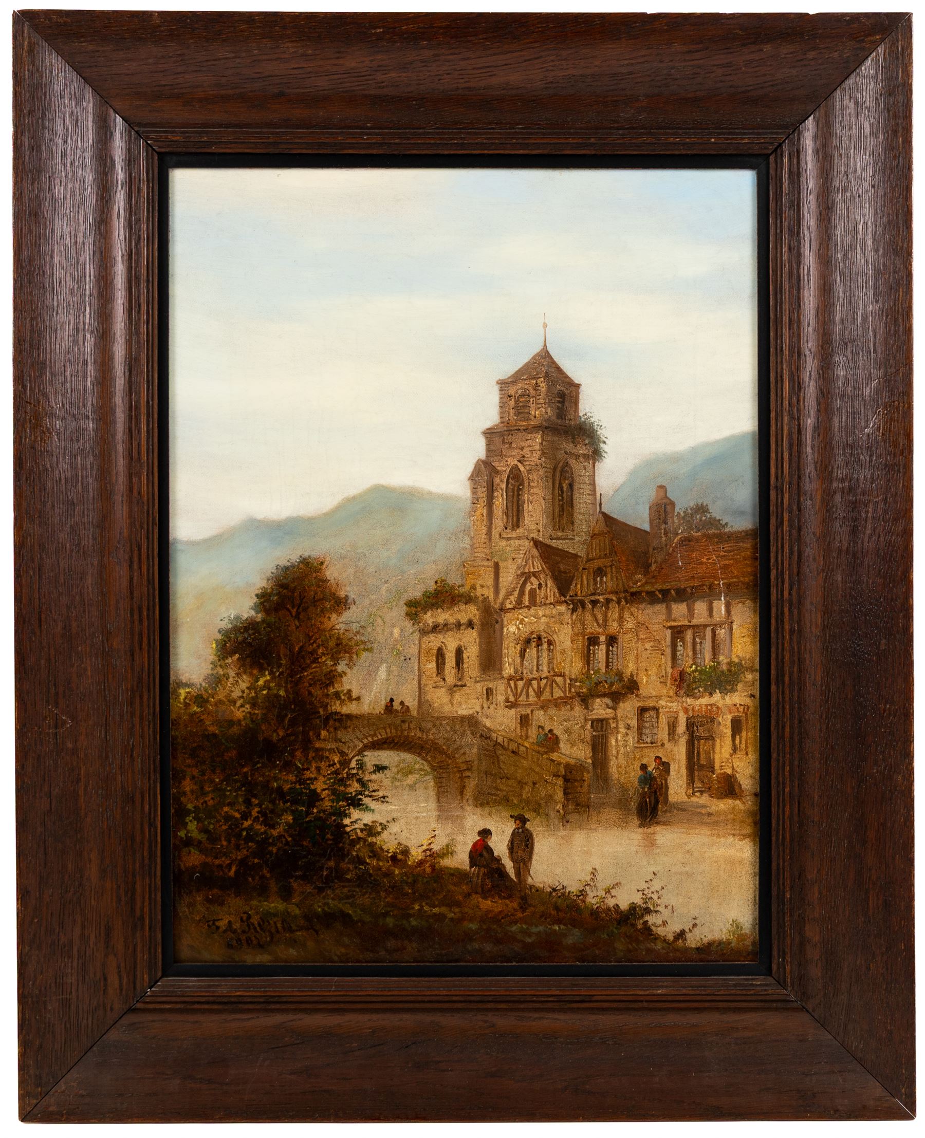 Felice Auguste Rezia (Italian 1835-1907): Stone Tower on a Lake and Church Overlooking a River - Northern Italy, pair of oils on canvas signed and dated 1902 max 40cm x 29.5cm (2)