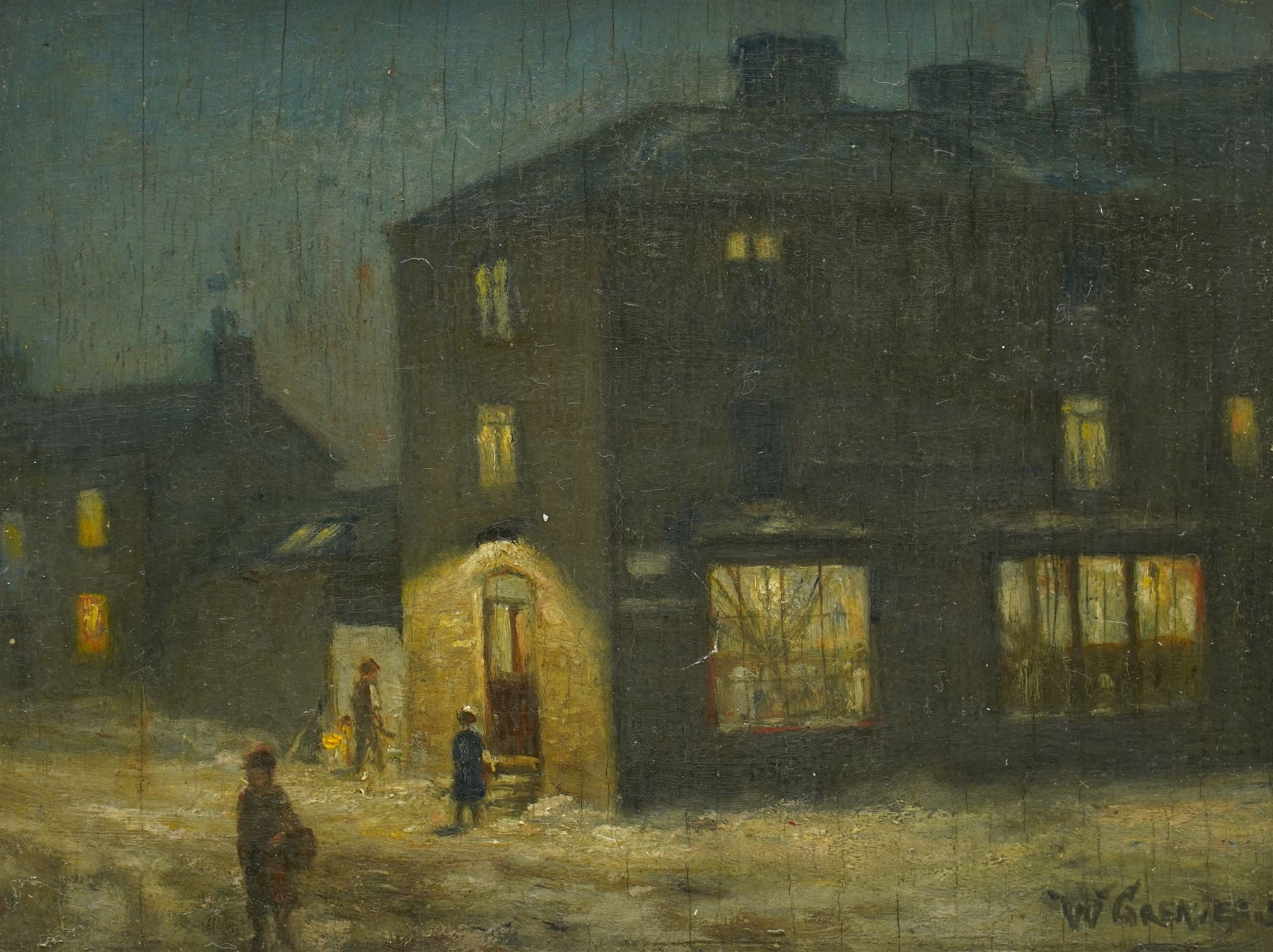 William Greaves (British 1852-1938): Moonlit Town Street in Winter, oil on panel signed 18cm x 23cm