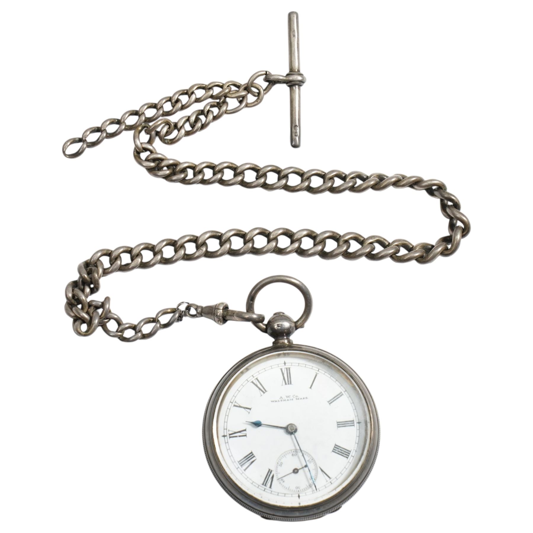 Victorian silver open faced key wound pocket watch by Waltham Mass, no. 4656211, white enamel dial with Roman numerals and subsidiary seconds dial, engine turned with vacant cartouche, Birmingham 1891, on silver Albert chain