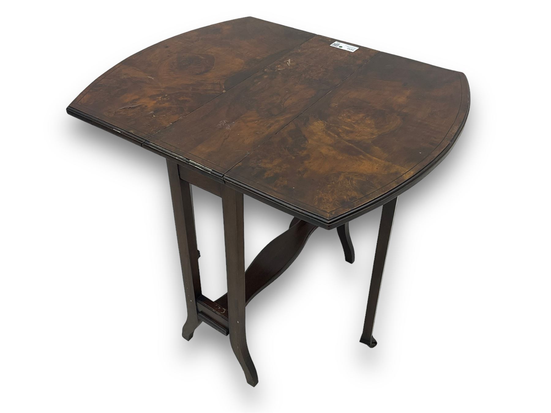 Early 20th century small walnut drop-leaf table, rectangular top with curved drop leaves, gateleg mechanism on slender supports united by shaped stretcher