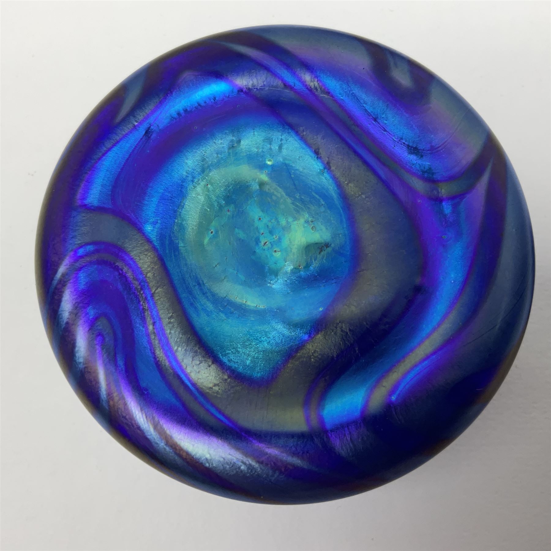 Three Okra scent bottles, all decorated with iridescent threads in blue and purple tones, together with  Paul C Brown scent bottle, largest H15cm