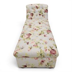 Traditional design scroll end chaise longue Ottoman, floral upholstered buttoned seat hinged to reveal a red lined interior, with reclining scroll end, raised upon squat bun feet
