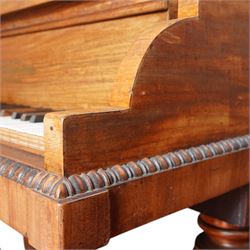 Early 19th century Grand Piano by John Broadwood & Son, London 1828.
Straight strung Broadwood “Barr Frame” Grand Piano with four steel braces from the wrest plank to the brass hitchpin plate. Partially re-strung with one string missing and some tuning pins loose, bridges in good condition, soundboard with cracks, action requires some adjustment and attention, six octave keyboard, with 73 keys C1-C7, with ivory naturals and ebony sharps, Lyre with sustain and una-chorda pedals, mahogany case with brass inlay and makers name to the double key-fall, adjustable open lattice music desk with egg and dart moulding to the surround of the case and lid, raised on reeded and tapered legs with castors. 

 You can find and listen to examples of Alan Cuckston playing this particular Broadwood Grand Piano in the links below:
Trio in D Minor Op. 25 by Francis Edward Bache
Gladiolus Rag by Scott Joplin
Sonata for Violin and Piano No.1 in G Minor by George Frederick Pinto

Given the intricate nature of these historic instruments, specialist support will be available if required, to assist successful buyers with safe removal and onward handling. Price upon application. 


This item has been registered for sale under section 10 of the APHA Ivory Act Submission Reference: 1N7BA84E
