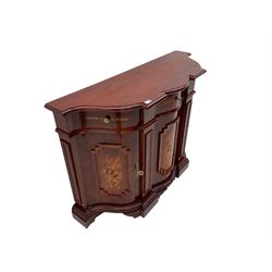 Italian marquetry serpentine side cabinet, fitted with three cupboards