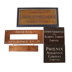 Framed County Fire Office brass plaque, inscribed in red enamelled letters 'Agent County F...