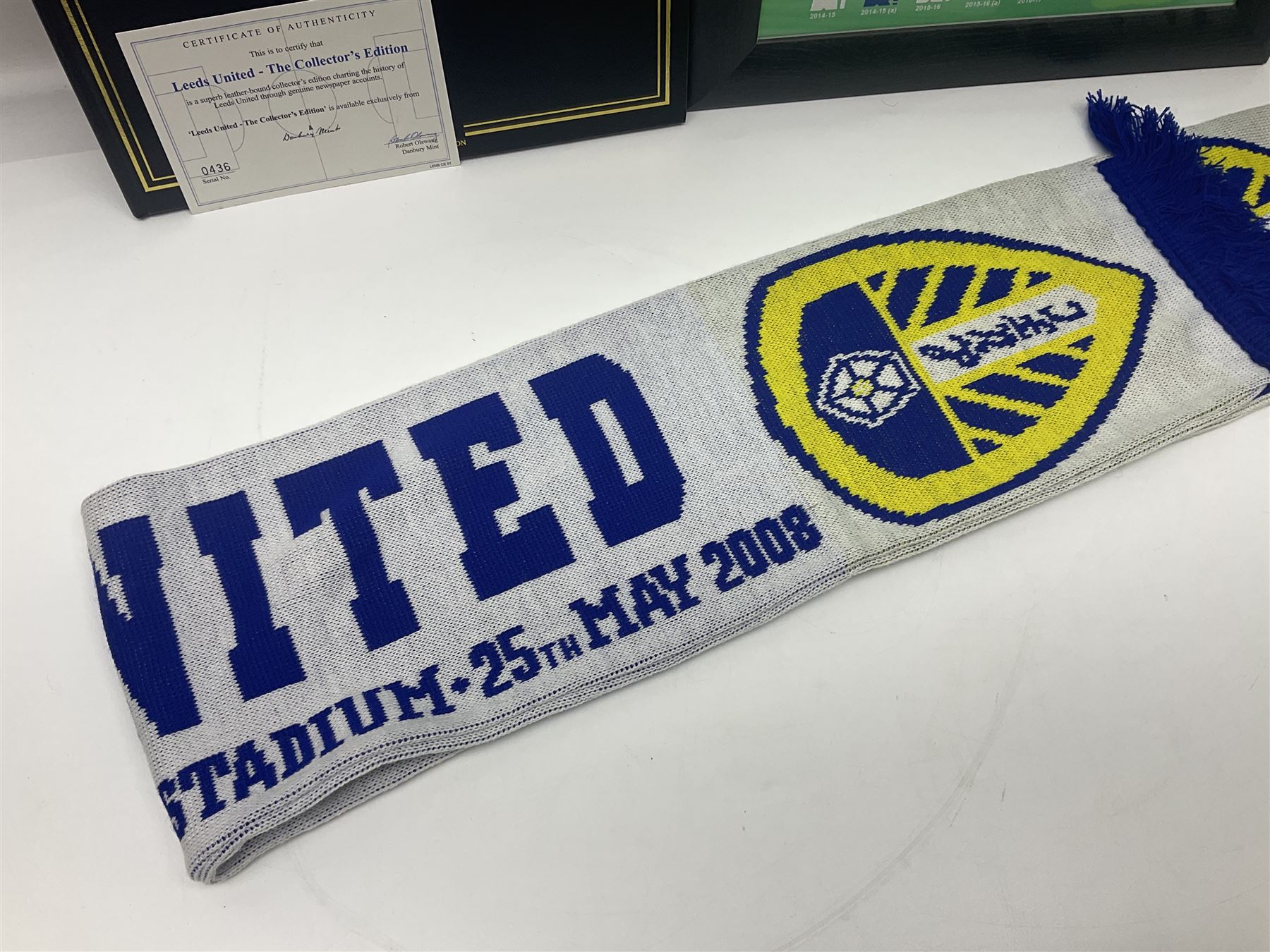 Leeds United football club - football association challenge cup competition final Saturday 11th April 1970 Chelsea vs Leeds United at Wembley programme, football association charity shield Saturday 10th August 1974 Leeds United vs Liverpool programme, various supporters pin badges, scarf for the league 1 playoff final Wembley stadium 25th May 2008, Danbury Mint 'Great Moments in the History of Leeds United' leather bound collectors edition, various used home game tickets etc
