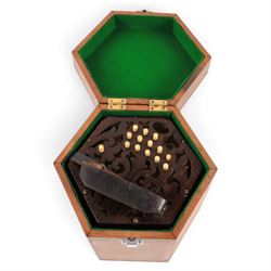 Late 19th century Anglo three-row concertina by C. Jefferies, twenty-six bone buttons, circa 1880, stamped 'C Jefferies Maker', in modern custom made carry case
