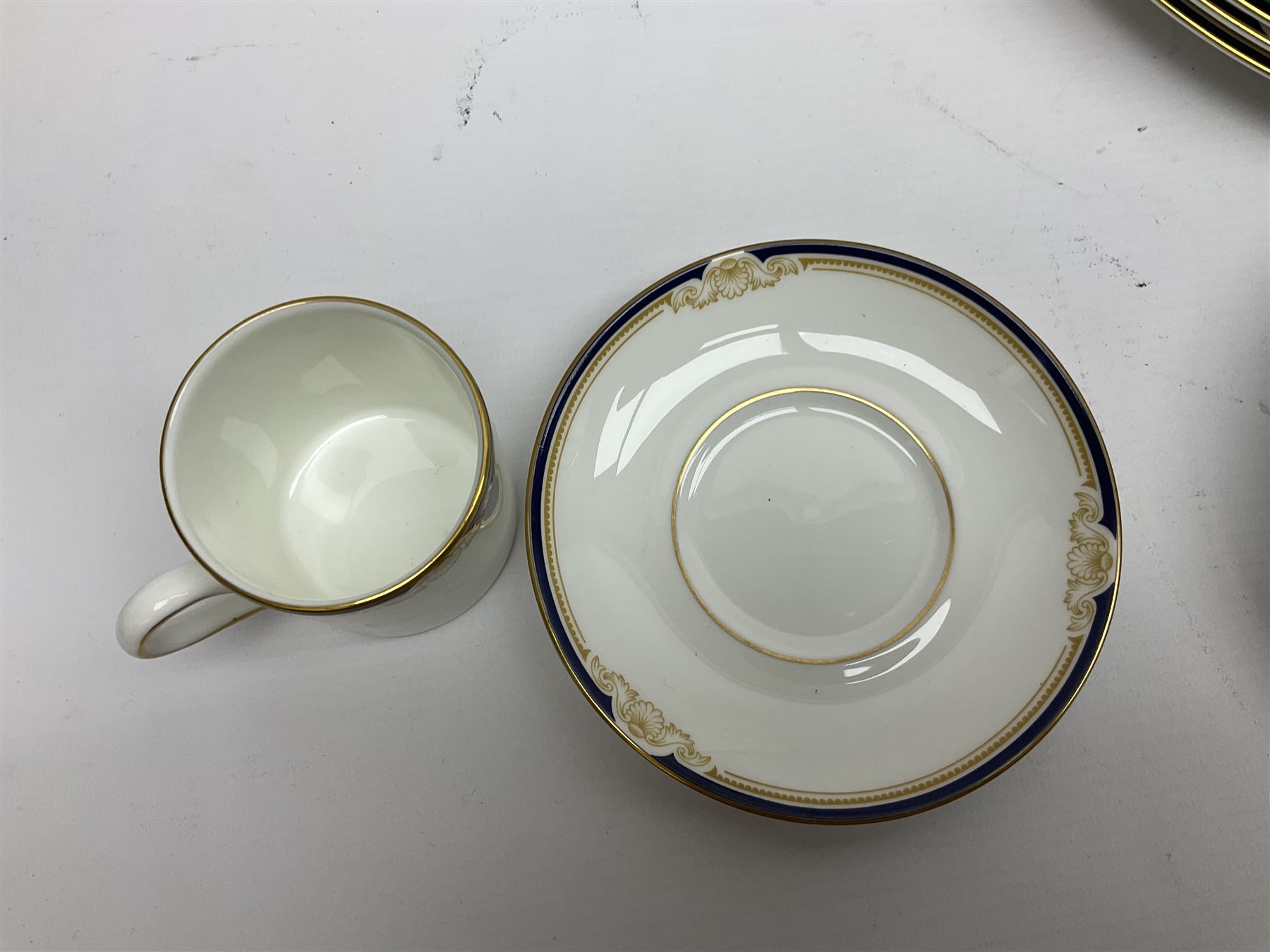 Wedgwood Cavendish pattern dinner service for twelve, comprising dinner plates, side plates, bowls, soup bowls, two tureens, saucer boat and sauce, together with matching part coffee service (82) 