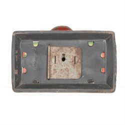 1930s Saalheimer & Strauss Mickey Mouse 'Smile Please' mechanical tin plate money box, depicting Mickey Mouse posing with folded hands to the front and verso as a photographer, above the motto 'If you only pull my ear you will see my tongue appear. Place a coin upon my tongue save your money while you're young', marked to one side 'By exclusive arrangement with Ideal Films Ltd. All rights reserved. Registered No 508041', with key, H17cm

