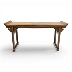 Chinese elm altar table, rectangular plank top with galleried sides, raised on reeded square supports with scrolled spandrels