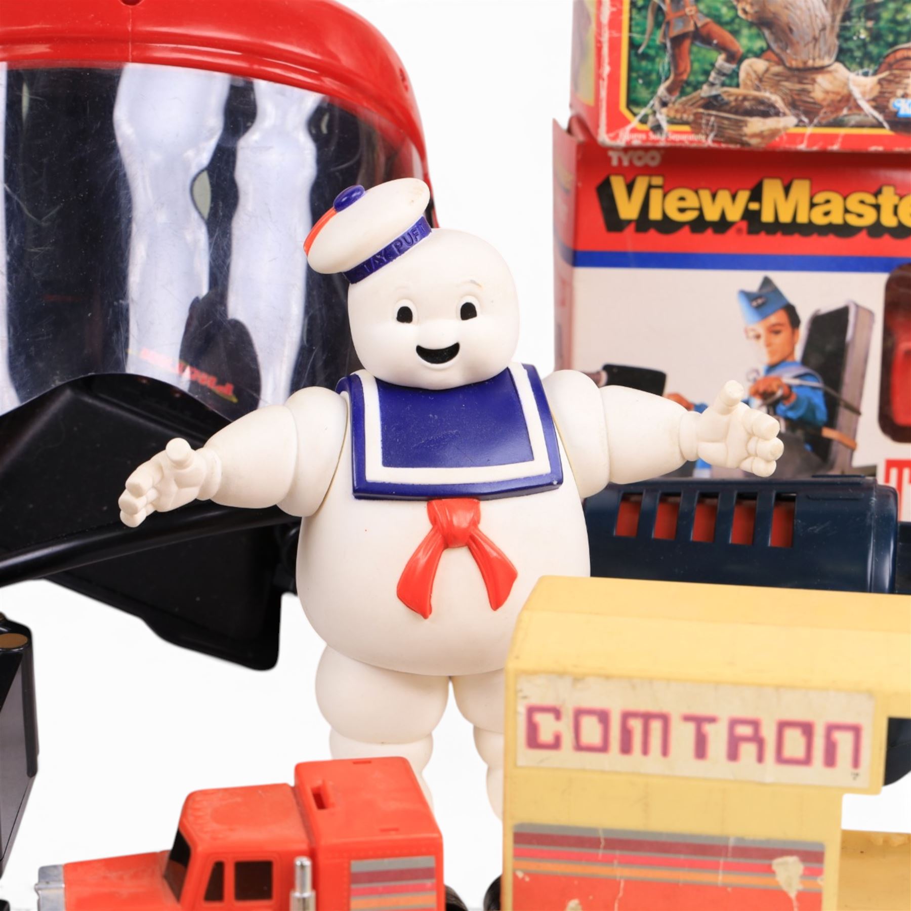 1980s toys, including Kenner The Real Ghostbusters Ghost Popper, Kenner Ghostbusters Stay Puft Marshmallow Man, boxed Kenner Robin Hood Prince of Thieves Bola Bomber, boxed Tyco Thunderbirds View Master 3D gift set, Planet of the Apes and Terrahawks Viewmaster slides, Proton Warrior Battle Game and a Knight Rider Comtron lorry