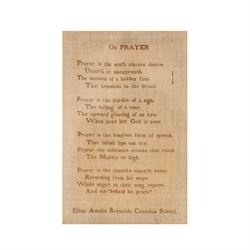 19th century needlework Quaker sampler, by Ellen Amelia Reynols Croydon School, worked with On Prayer, within an oak frame, H38cm, D28cm