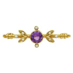 Early 20th century gold round amethyst and pearl brooch, stamped 15ct