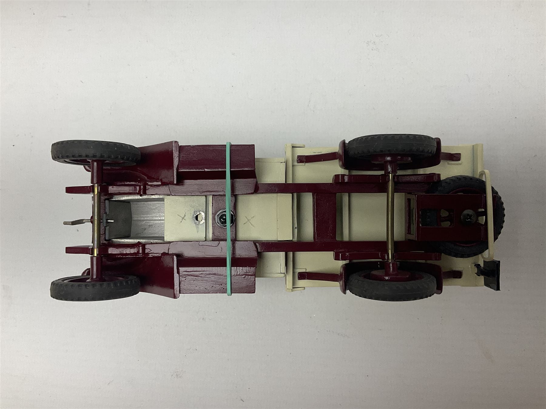 CJB Morris Military Field Wireless car with antenna, driver and operator L11cm; CJB Military covered wagon with two figures; and CJB maroon and white painted flat-bed truck with driver (3)