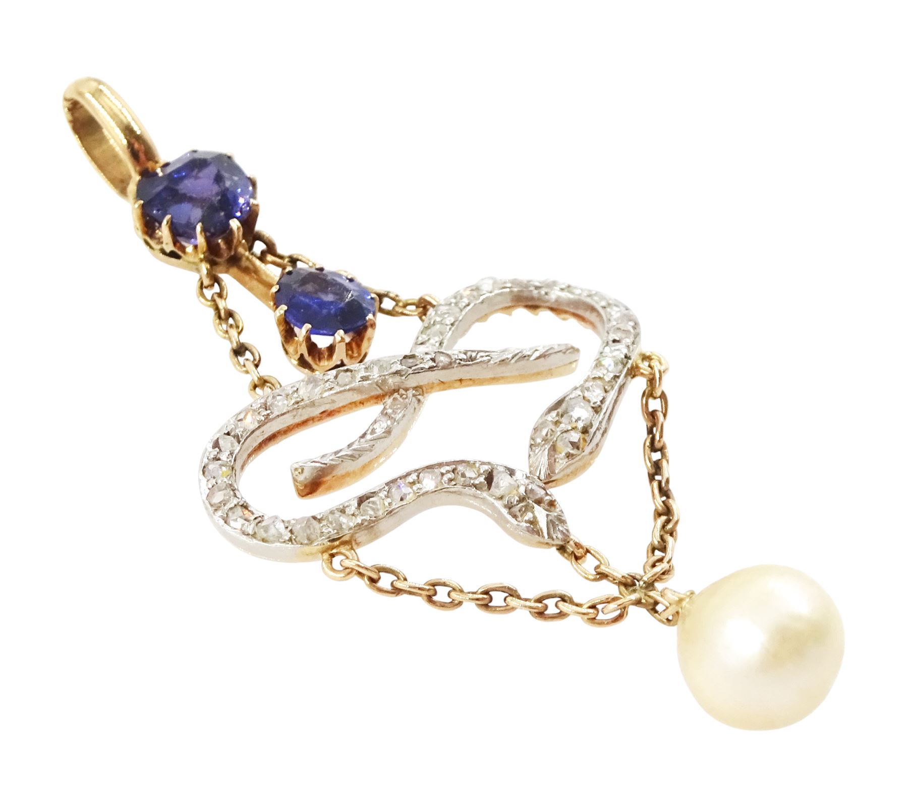 Early 20th century 15ct gold and platinum sapphire, pearl and diamond pendant, single white / cream pearl, suspending from two intertwined snakes set with rose cut diamonds, to a heart cut and an oval cut sapphire top